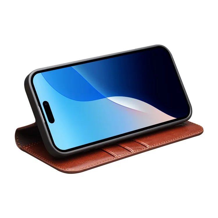 QIALINO For iPhone 16 Pro Max Case Genuine Cow Leather Card Slots Phone Cover