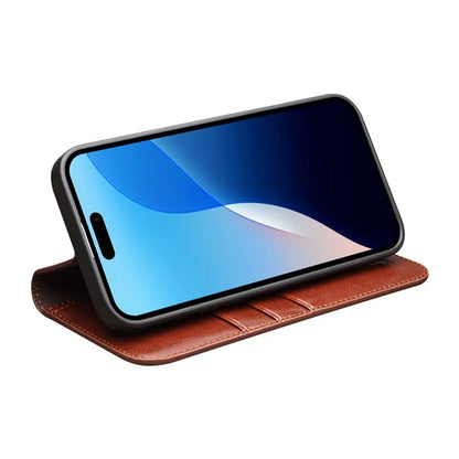 QIALINO For iPhone 16 Pro Max Case Genuine Cow Leather Card Slots Phone Cover