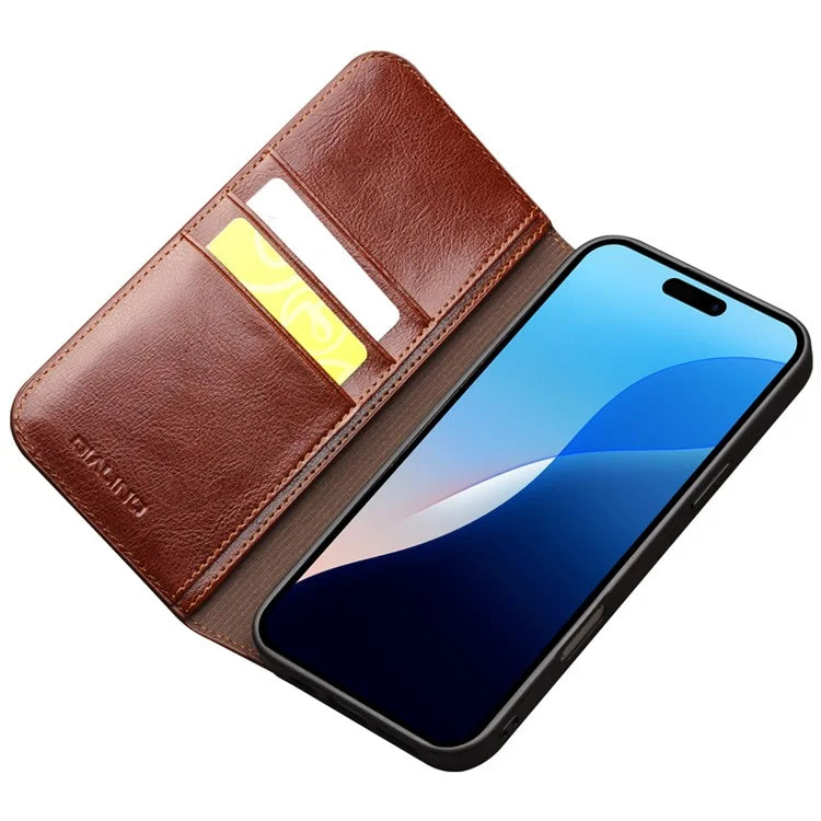 QIALINO For iPhone 16 Pro Max Case Genuine Cow Leather Card Slots Phone Cover