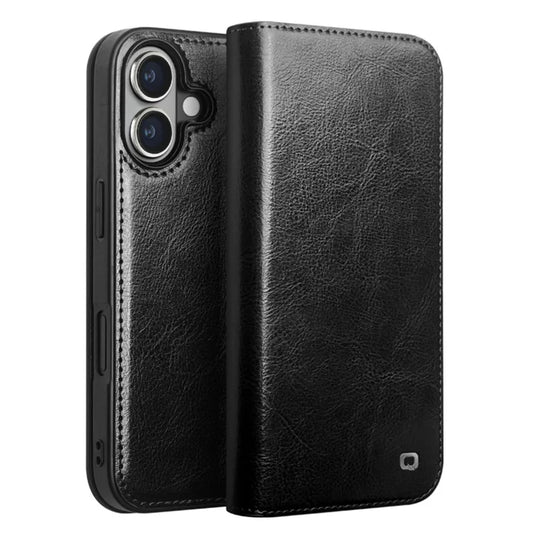 QIALINO For iPhone 16 Plus Case Card Holder Genuine Cow Leather Stand Phone Cover