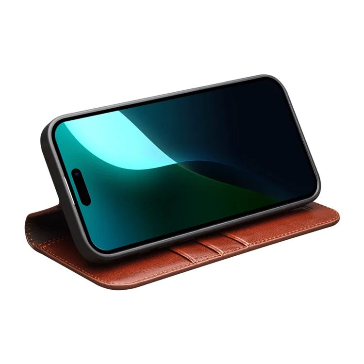 QIALINO For iPhone 16 Plus Case Card Holder Genuine Cow Leather Stand Phone Cover