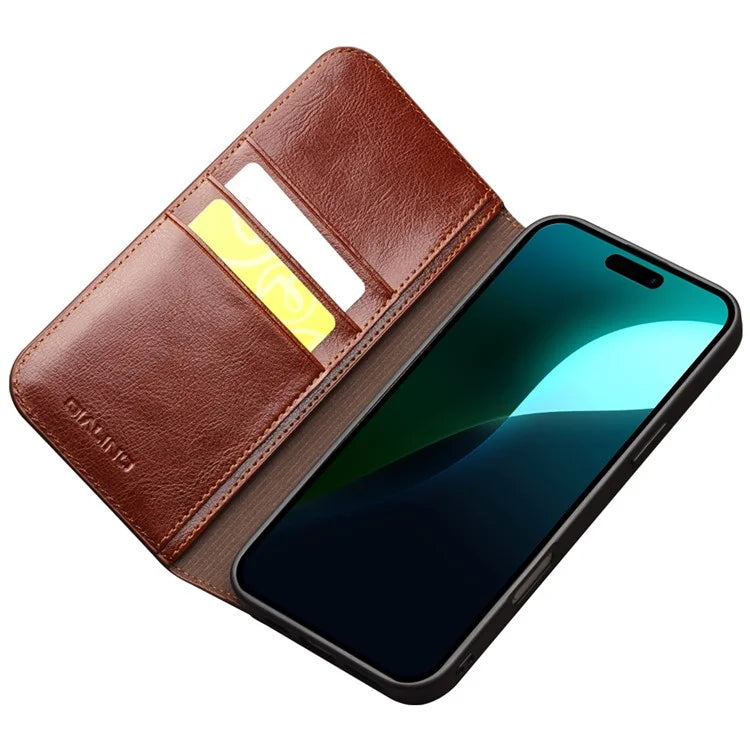 QIALINO For iPhone 16 Plus Case Card Holder Genuine Cow Leather Stand Phone Cover