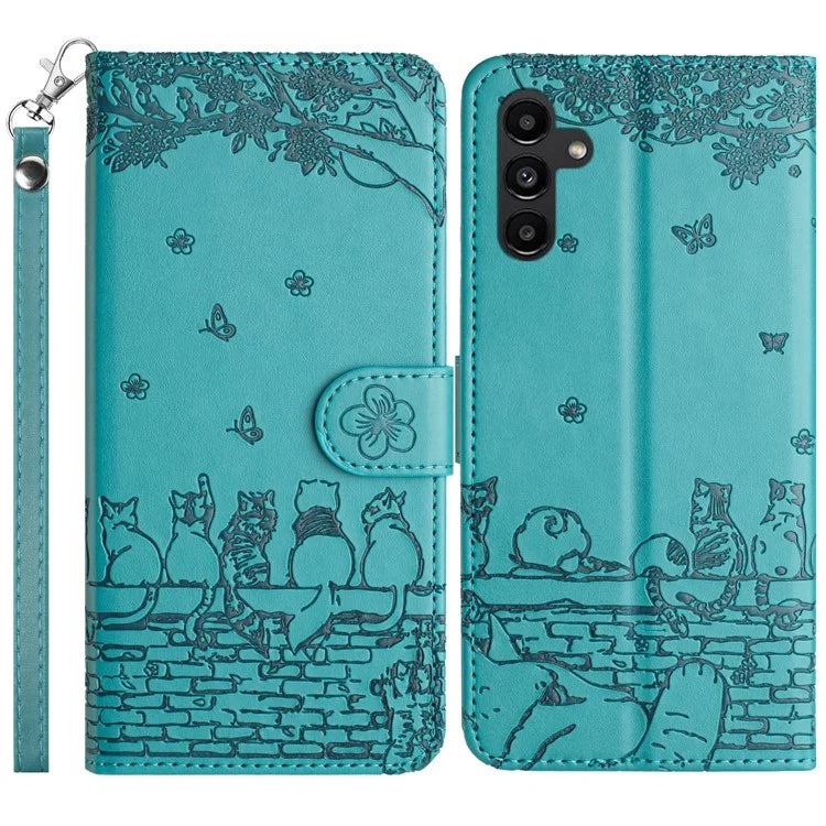 For Samsung Galaxy S23 FE Case with Wrist Strap Leather Phone Cover Wall Cats Pattern