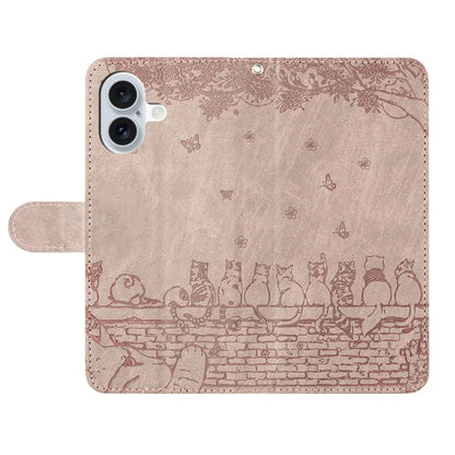 For iPhone 16 Plus Case with Wrist Strap Leather Phone Cover Wall Cats Pattern