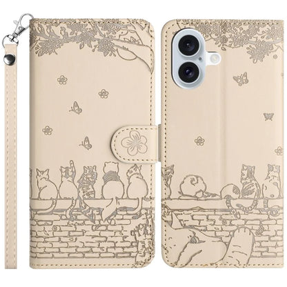 For iPhone 16 Plus Case with Wrist Strap Leather Phone Cover Wall Cats Pattern