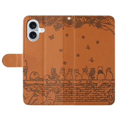 For iPhone 16 Plus Case with Wrist Strap Leather Phone Cover Wall Cats Pattern