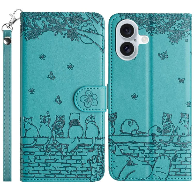For iPhone 16 Plus Case with Wrist Strap Leather Phone Cover Wall Cats Pattern