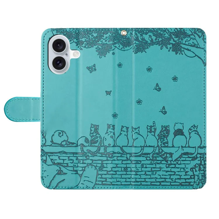 For iPhone 16 Plus Case with Wrist Strap Leather Phone Cover Wall Cats Pattern