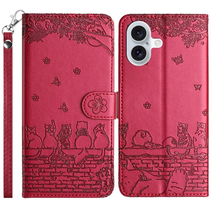 For iPhone 16 Plus Case with Wrist Strap Leather Phone Cover Wall Cats Pattern