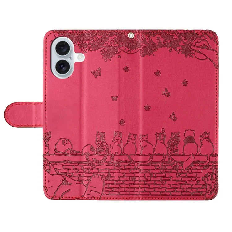 For iPhone 16 Plus Case with Wrist Strap Leather Phone Cover Wall Cats Pattern