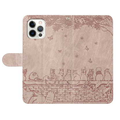 For iPhone 16 Pro Max Case with Wrist Strap Leather Phone Cover Wall Cats Pattern