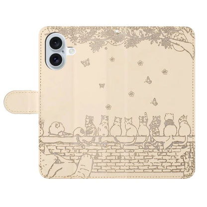 For iPhone 16 Case with Wrist Strap Leather Phone Cover Wall Cats Pattern