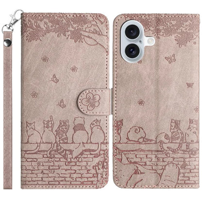 For iPhone 16 Case with Wrist Strap Leather Phone Cover Wall Cats Pattern
