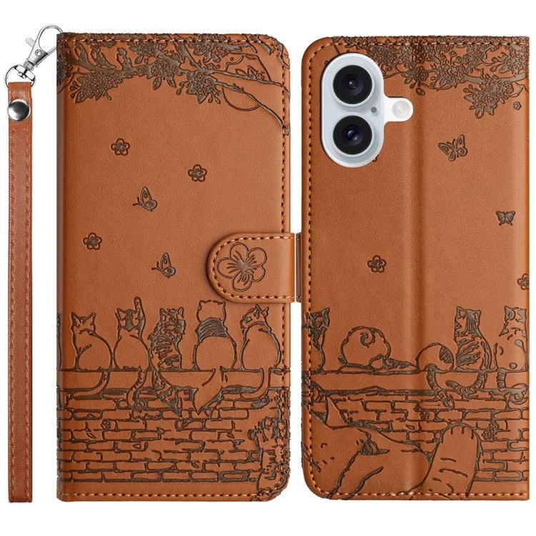 For iPhone 16 Case with Wrist Strap Leather Phone Cover Wall Cats Pattern