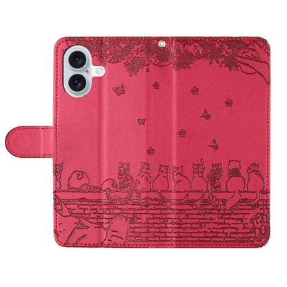 For iPhone 16 Case with Wrist Strap Leather Phone Cover Wall Cats Pattern