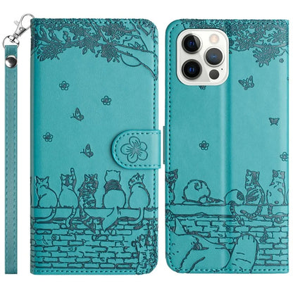 For iPhone 16 Pro Case with Wrist Strap Leather Phone Cover Wall Cats Pattern