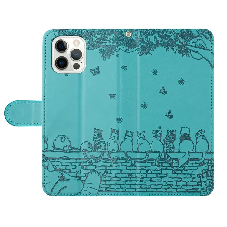 For iPhone 16 Pro Case with Wrist Strap Leather Phone Cover Wall Cats Pattern