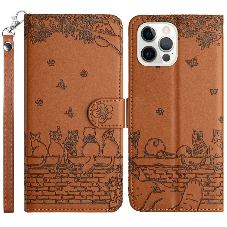 For iPhone 16 Pro Case with Wrist Strap Leather Phone Cover Wall Cats Pattern