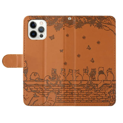 For iPhone 16 Pro Case with Wrist Strap Leather Phone Cover Wall Cats Pattern