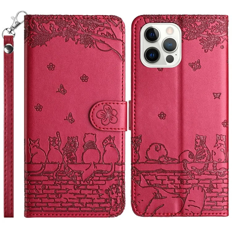 For iPhone 16 Pro Case with Wrist Strap Leather Phone Cover Wall Cats Pattern