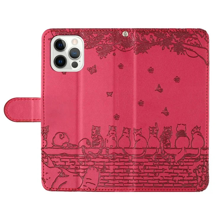 For iPhone 16 Pro Case with Wrist Strap Leather Phone Cover Wall Cats Pattern