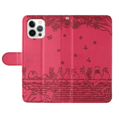 For iPhone 16 Pro Case with Wrist Strap Leather Phone Cover Wall Cats Pattern