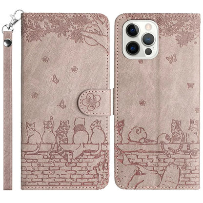 For iPhone 16 Pro Case with Wrist Strap Leather Phone Cover Wall Cats Pattern