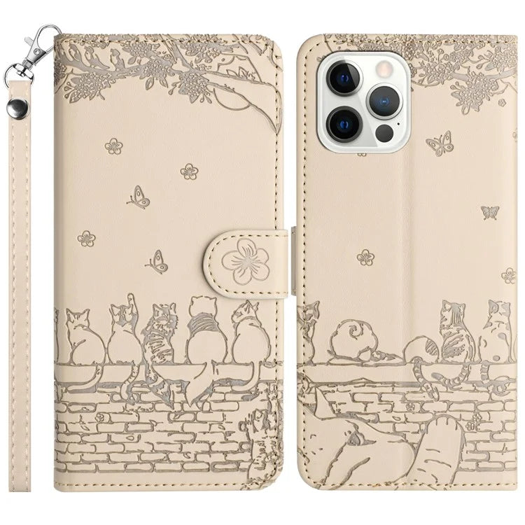 For iPhone 16 Pro Case with Wrist Strap Leather Phone Cover Wall Cats Pattern