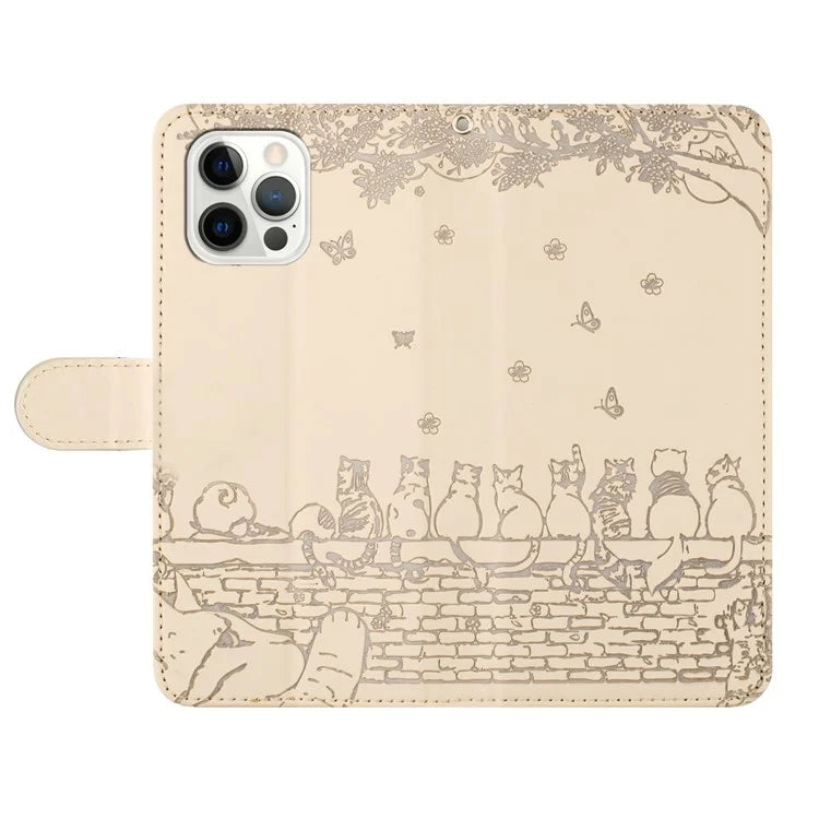 For iPhone 16 Pro Case with Wrist Strap Leather Phone Cover Wall Cats Pattern