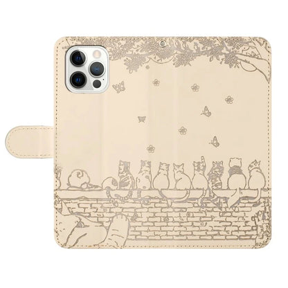 For iPhone 16 Pro Case with Wrist Strap Leather Phone Cover Wall Cats Pattern