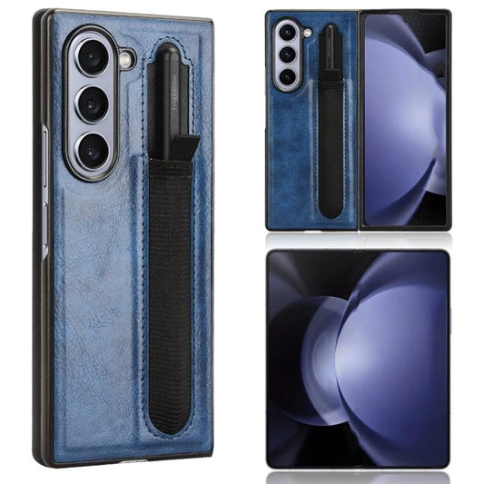 For Samsung Galaxy Z Fold6 5G Case Retro Leather Coated PC Phone Cover with Pens Slot