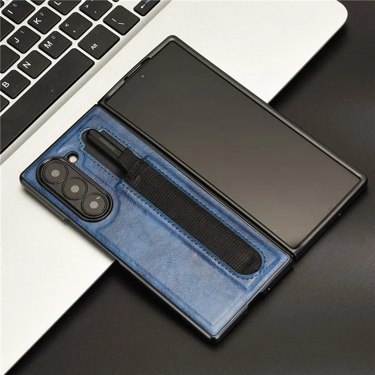 For Samsung Galaxy Z Fold6 5G Case Retro Leather Coated PC Phone Cover with Pens Slot