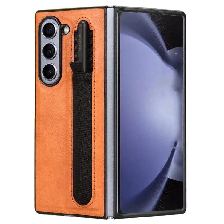For Samsung Galaxy Z Fold6 5G Case Retro Leather Coated PC Phone Cover with Pens Slot