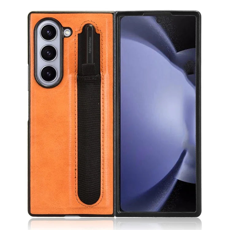 For Samsung Galaxy Z Fold6 5G Case Retro Leather Coated PC Phone Cover with Pens Slot