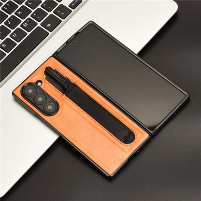 For Samsung Galaxy Z Fold6 5G Case Retro Leather Coated PC Phone Cover with Pens Slot