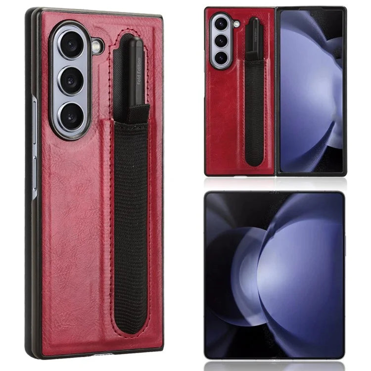 For Samsung Galaxy Z Fold6 5G Case Retro Leather Coated PC Phone Cover with Pens Slot