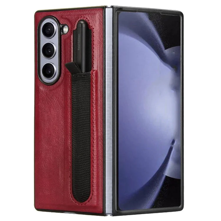 For Samsung Galaxy Z Fold6 5G Case Retro Leather Coated PC Phone Cover with Pens Slot