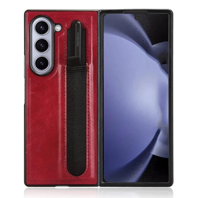 For Samsung Galaxy Z Fold6 5G Case Retro Leather Coated PC Phone Cover with Pens Slot
