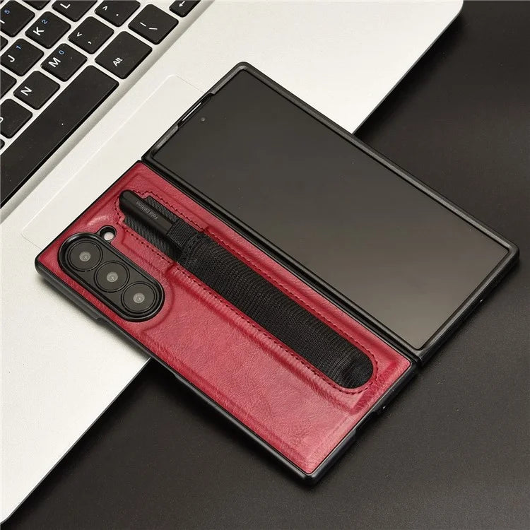 For Samsung Galaxy Z Fold6 5G Case Retro Leather Coated PC Phone Cover with Pens Slot