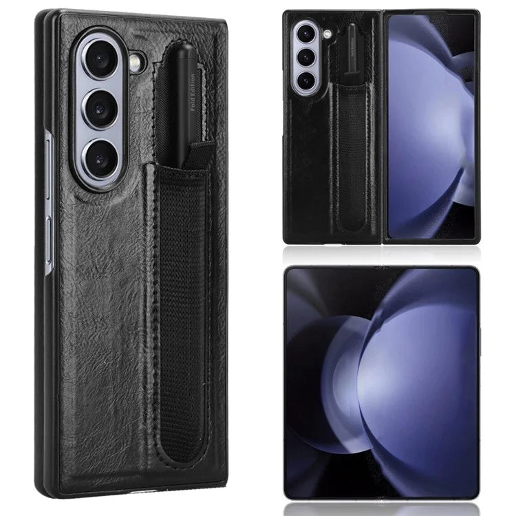 For Samsung Galaxy Z Fold6 5G Case Retro Leather Coated PC Phone Cover with Pens Slot