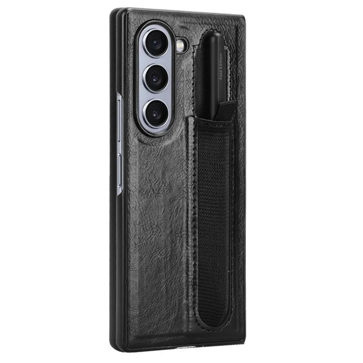 For Samsung Galaxy Z Fold6 5G Case Retro Leather Coated PC Phone Cover with Pens Slot