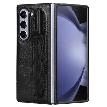 For Samsung Galaxy Z Fold6 5G Case Retro Leather Coated PC Phone Cover with Pens Slot