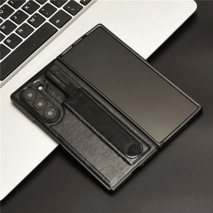 For Samsung Galaxy Z Fold6 5G Case Retro Leather Coated PC Phone Cover with Pens Slot