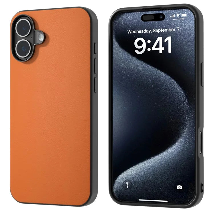 For iPhone 16 Plus Case Anti-Scratch Leather Coated TPU+PC Phone Cover