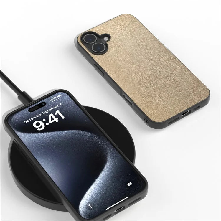 For iPhone 16 Plus Case Anti-Scratch Leather Coated TPU+PC Phone Cover