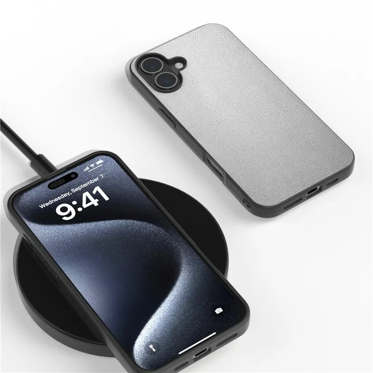 For iPhone 16 Plus Case Anti-Scratch Leather Coated TPU+PC Phone Cover