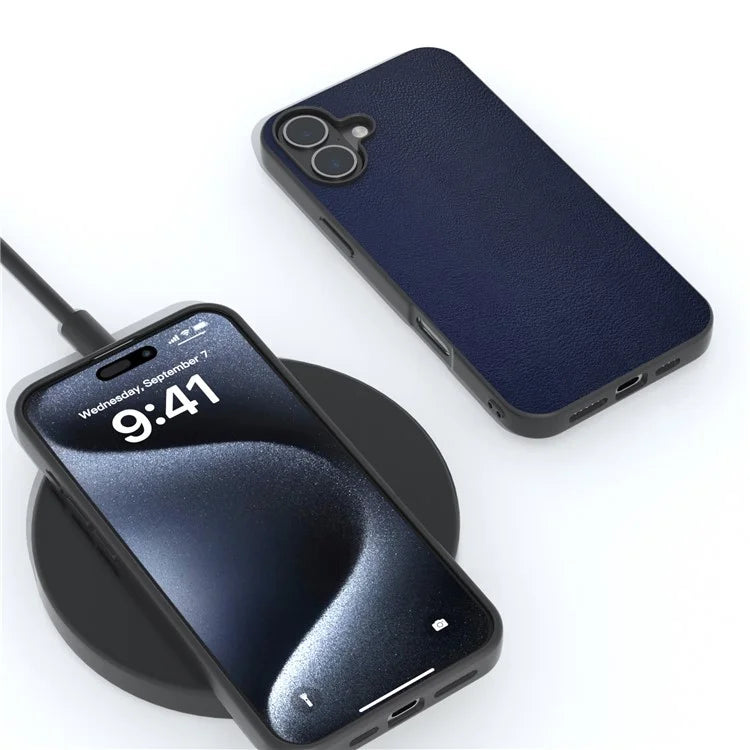 For iPhone 16 Plus Case Anti-Scratch Leather Coated TPU+PC Phone Cover