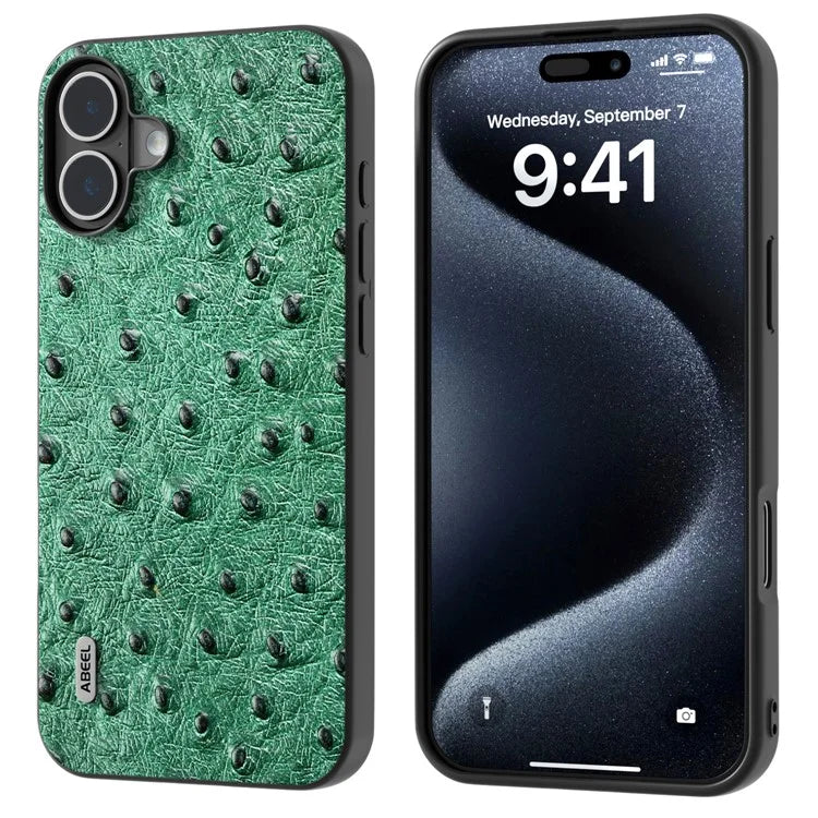 ABEEL For iPhone 16 Plus Case Ostrich Texture Genuine Cow Leather Back Phone Cover