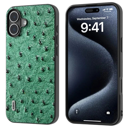 ABEEL For iPhone 16 Plus Case Ostrich Texture Genuine Cow Leather Back Phone Cover