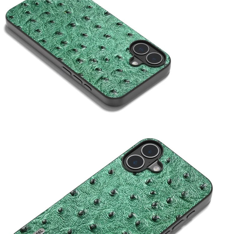 ABEEL For iPhone 16 Plus Case Ostrich Texture Genuine Cow Leather Back Phone Cover
